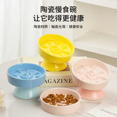 陶磁器の遅い食べ物の碗の高い足の猫の碗は首を保護してひっくり返しにくいです。