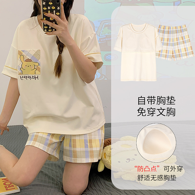 Women's Summer Cotton Short Sleeve Cute Cartoon Thin Han Style School Girl Sleepwear with Built-in Bralette, Wearable as Home Clothes