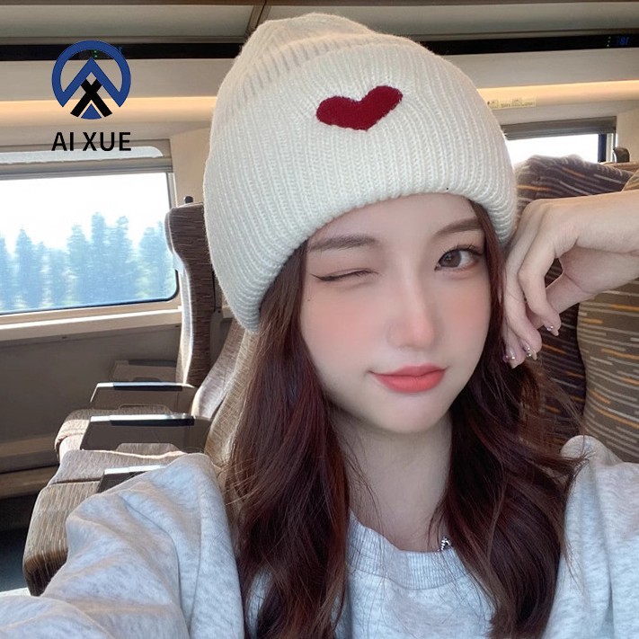 日系甜美爱心刺绣毛线帽子女冬季保暖百搭学生针织帽显脸小冷帽潮