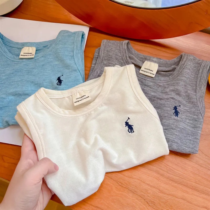 Children's Summer V-Neck CottonEmbroidered T-Shirt for Boys and Girls, Comfortable Face Mask Style, No Sleeve, Trendy Solid Color Top for Babies