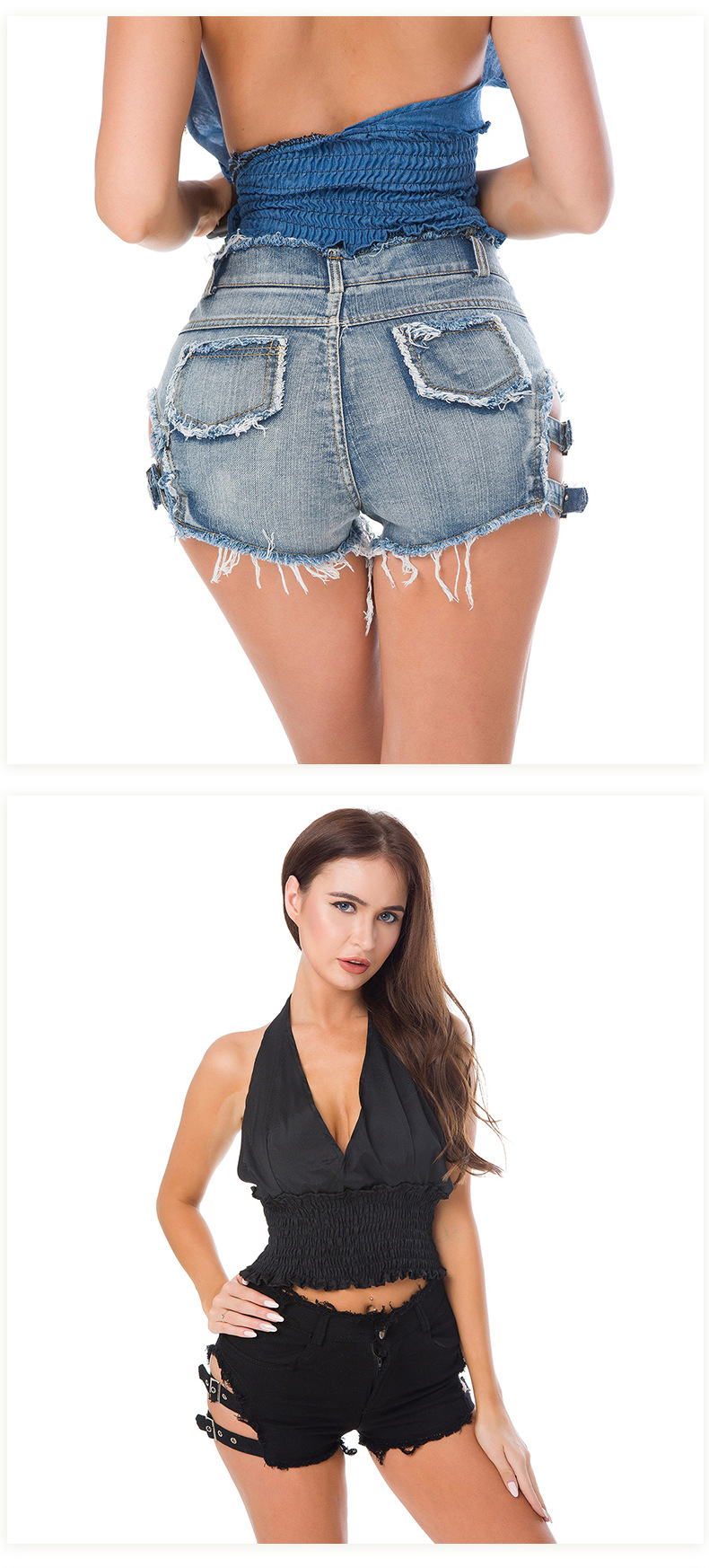 high waist letter ripped holes thin denim shorts NSML64120