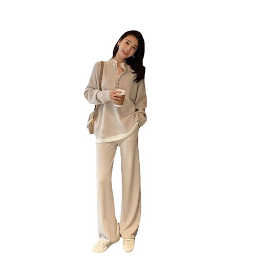 Autumn and winter fashion Korean style small fragrant style knitted suit for women Hong Kong style retro casual style wide-leg pants two-piece set for women