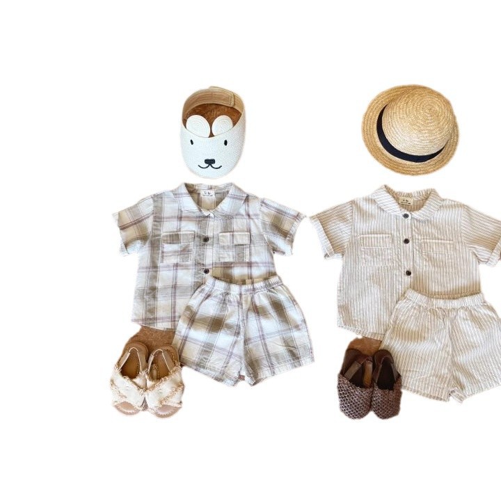 Conjunto de rayas verticales a cuadros para bebés, ropa versátil de verano, fresco y transpirable