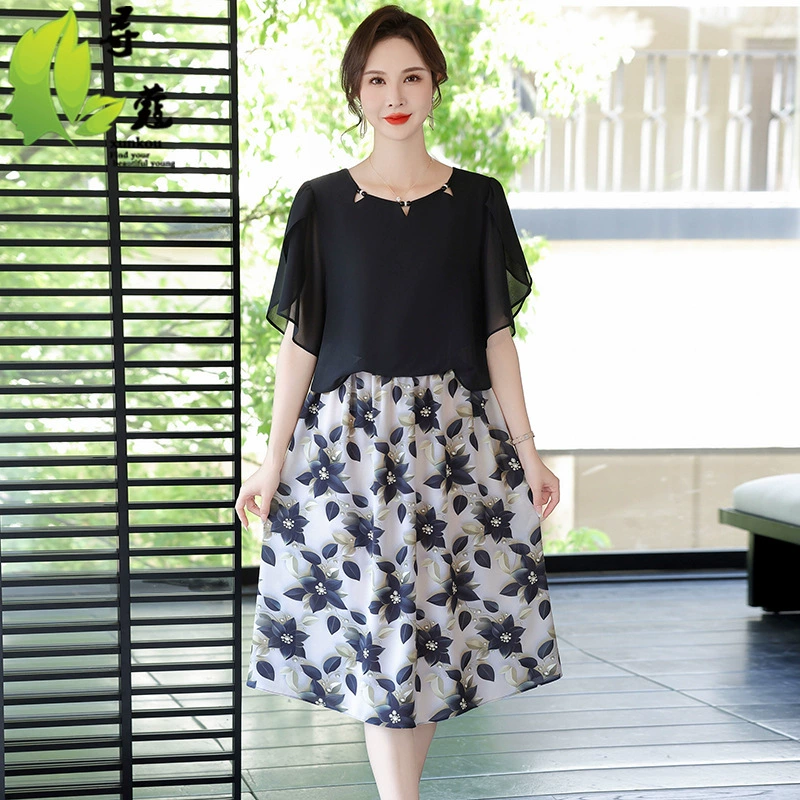 Новое шифоновое платье для мамы, модная женская одежда с принтом, одежда для среднего и пожилого возраста, летняя тонкая длинная юбка, летнее платье