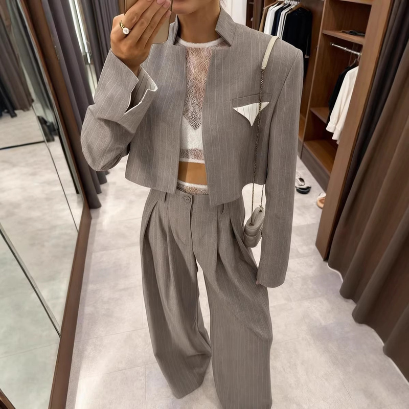 Cross-Border European and American Striped Blazer Jacket + Wide-Leg Pants Comfortable Casual Suit Women's Two-Piece Set Cross-Border European and American Striped Blazer Jacket + Wide-Leg Pants Comfortable Casual Suit Women's Two-Piece Set