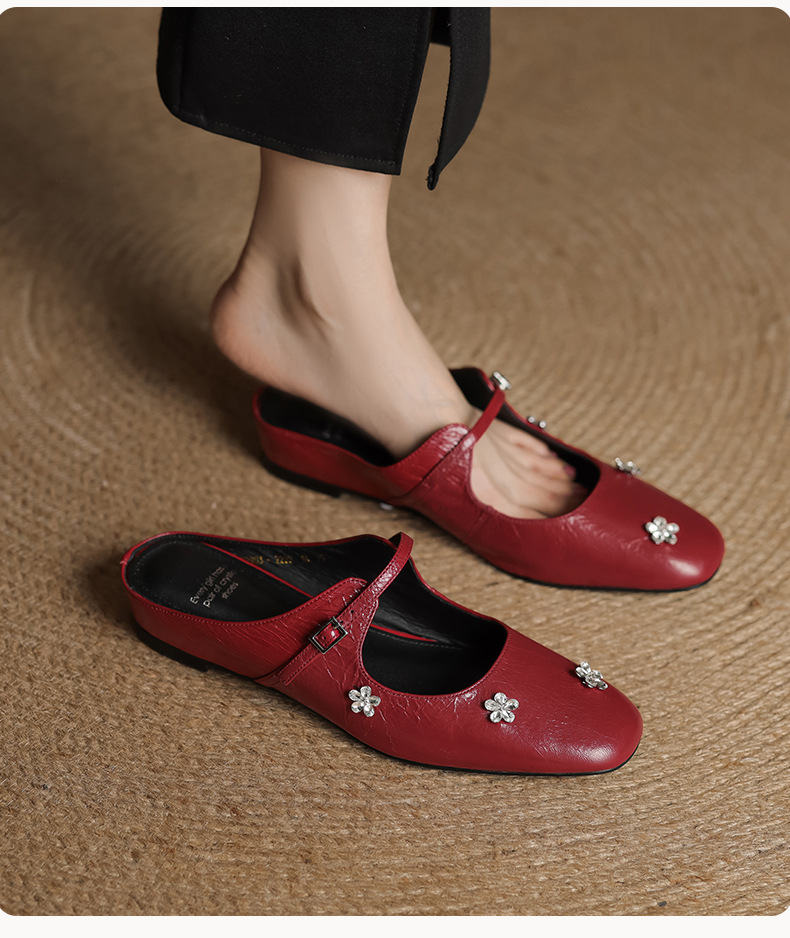 Sandal mule nữ gót thấp mũi kín đính đá pha lê màu rượu vang đỏ — Rượu vang đỏ chi tiết 7