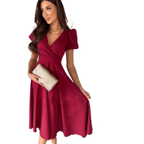 temu summer new commuter pure color deep V-neck waist waist bubble sleeve big swing dress