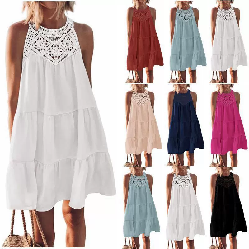 2025欧美外贸跨境女装亚马逊春夏爆款 镂空花边拼接挂脖A字连衣裙