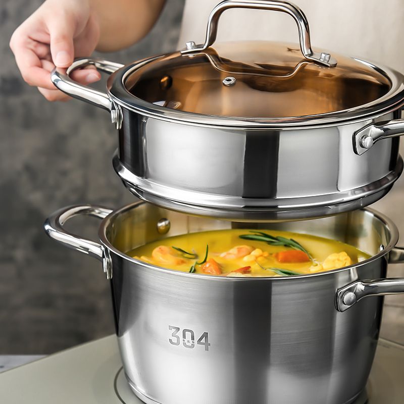 304 stainless steel soup pot for home use, thickened soup and steaming pot, composite bottom induction cooktop pot, multi-purpose double-layer steamer, gift pot
