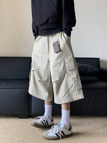 New summer thin loose wide-leg work shorts men's Japanese fashion brand ins straight casual elastic shorts