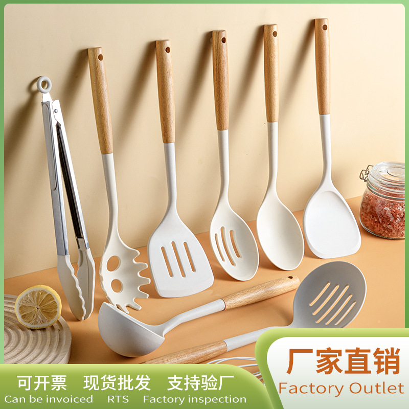 Silicone spatula for non-stick pans, special spatula for protecting pans, soup spoon with beech wood handle, frying pan, household heat-resistant kitchen utensils 