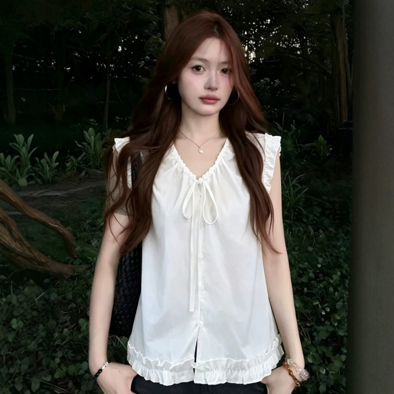 Drawstring adjustable tie ruffle sleeveless shirt for women, summer French sweet loose slimming babydoll top