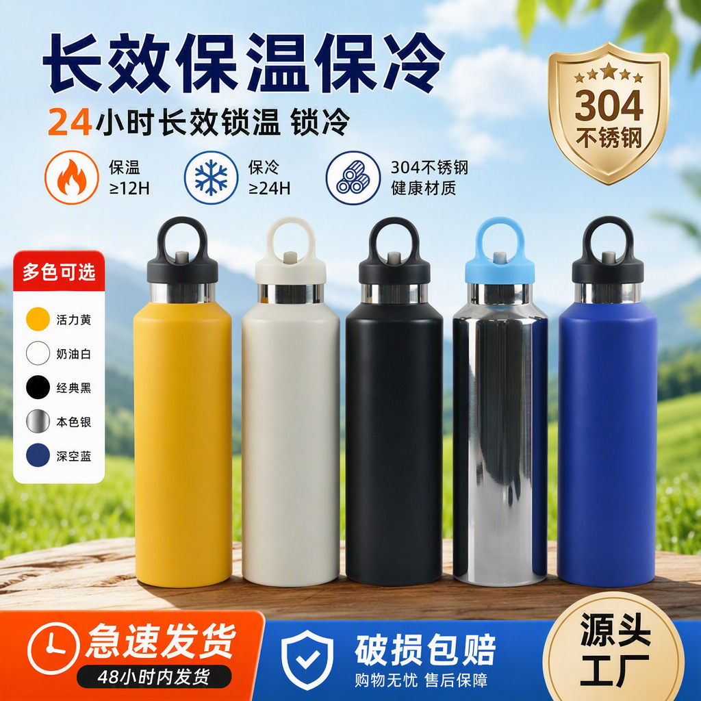 Outdoor sports insulated water bottle, 304 stainless steel, large capacity, portable, for fitness, long-lasting cold retention, suitable for hiking and travel