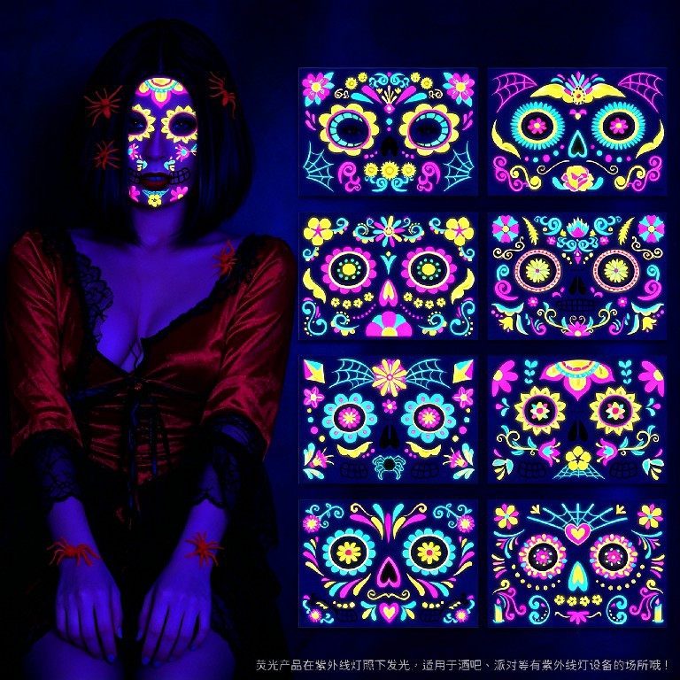 Tatuajes Temporales Metalizados para Cara de Papel de Transferencia de Agua, Fluorescente para Fiesta de Halloween
