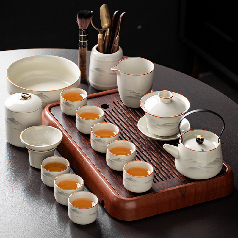 Ru Kiln Tea Set suit Household Ceramic Chinese Style Coil Pot Xi Shi Pot Tea Kung Fu Tea Cup Tea Tray High-end Office