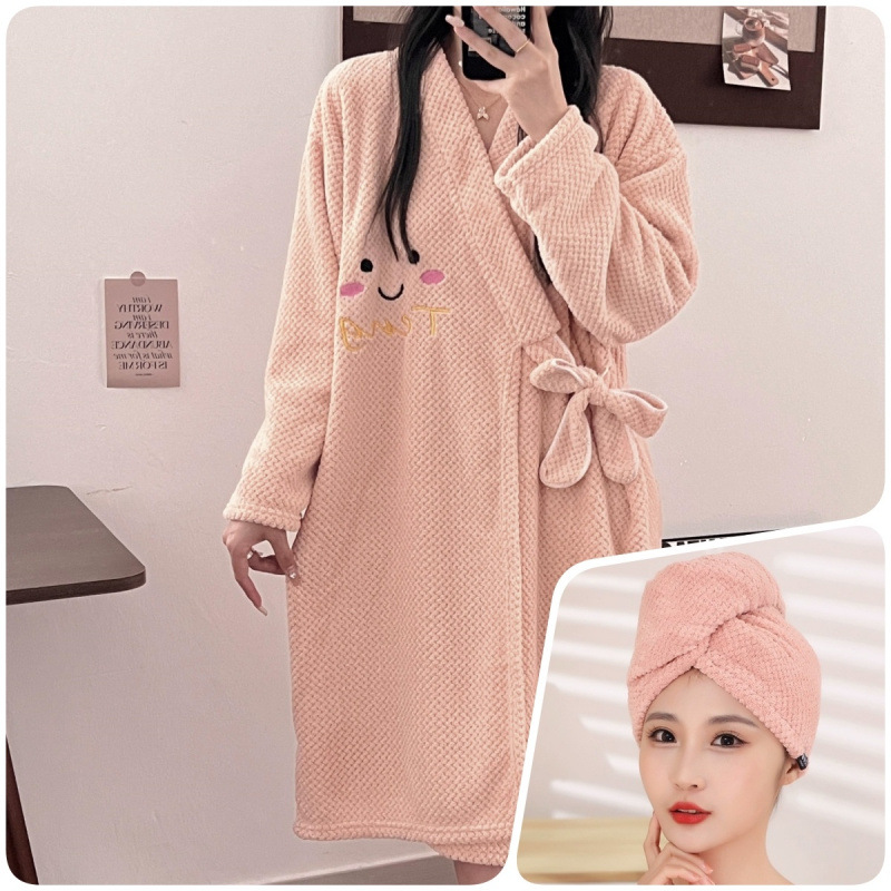 [긴팔 목욕스커트] + [단층 드라이 헤어캡] - 레더 핑크