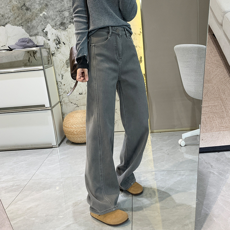 Trendy Starry Sky Gray! Four-Way Stretch Mink Velvet Wide-Leg Jeans for Women, Autumn and Winter Fleece-Lined High-Waisted Slimming Straight Pants