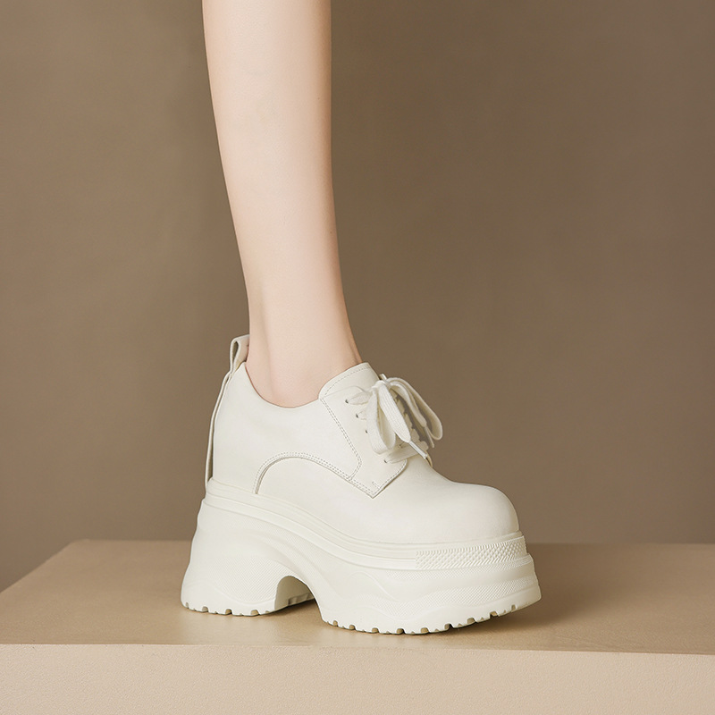 Giày sneaker nữ chunky đế dày phối màu mùa thu 2025, da bò thật, tăng chiều cao 12cm, buộc dây — Màu đen, Màu xám trắng, Màu trắng