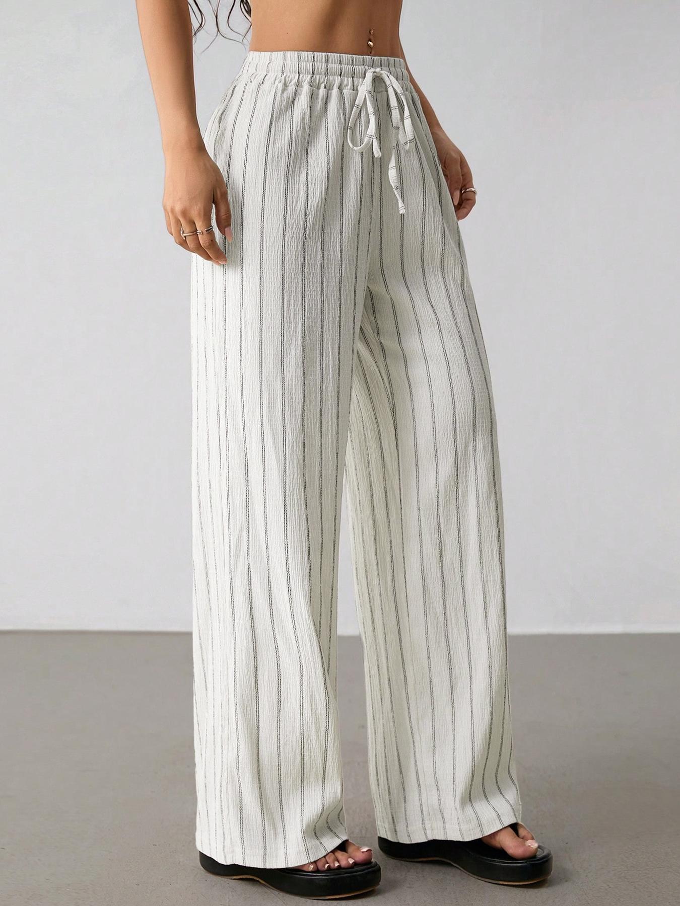 Damen Freizeithose Locker Gestreift Mit Elastischem Kordelzug_voghion.com