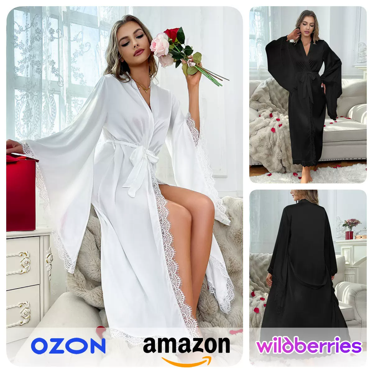 慕菲跨境欧美轻奢女士缎面睡袍蕾丝拼接纯色浴袍宽松大码睡衣711