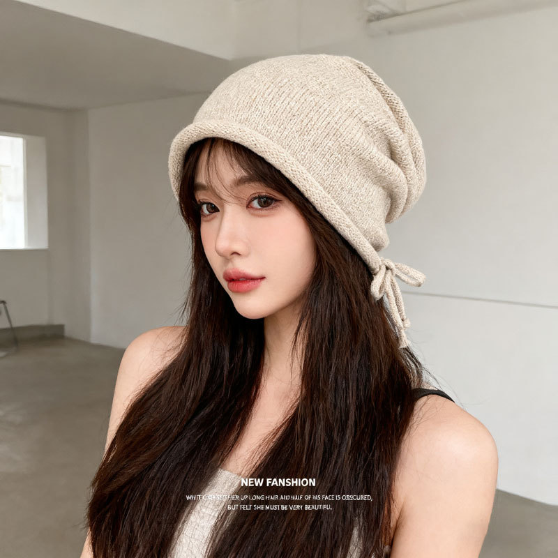 抽绳卷边睡帽时尚百搭帽子女显脸小大头围遮脸宽松针织毛线堆堆帽