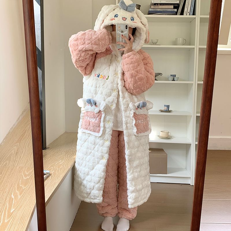 冬季月子服两件套加厚加绒三层睡袍夹棉孕妇睡衣产哺乳连帽珊瑚绒