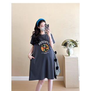 Pregnant Women's Skirt Summer 2025 Loose Plus Size Pregnancy Western-style Contrast Color Printing Age-reducing dark gray dress