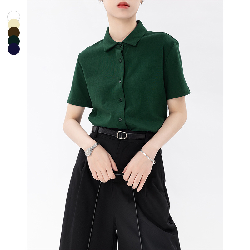 Suma Town Summer Simple Solid Color Turn-Down Collar High Elastic Shirt Single-Breasted Square Neck Short Sleeve Top