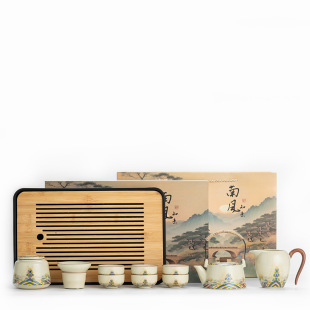 New Ru Kiln Kung Fu Tea Set suit Light Luxury Household Ceramic Teapot Tea Cup Complete Tea Set High-end Gift Box