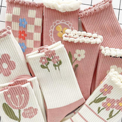 粉色花邊襪子女春季中筒襪ins潮百搭長襪學生運動可愛花朵少女襪