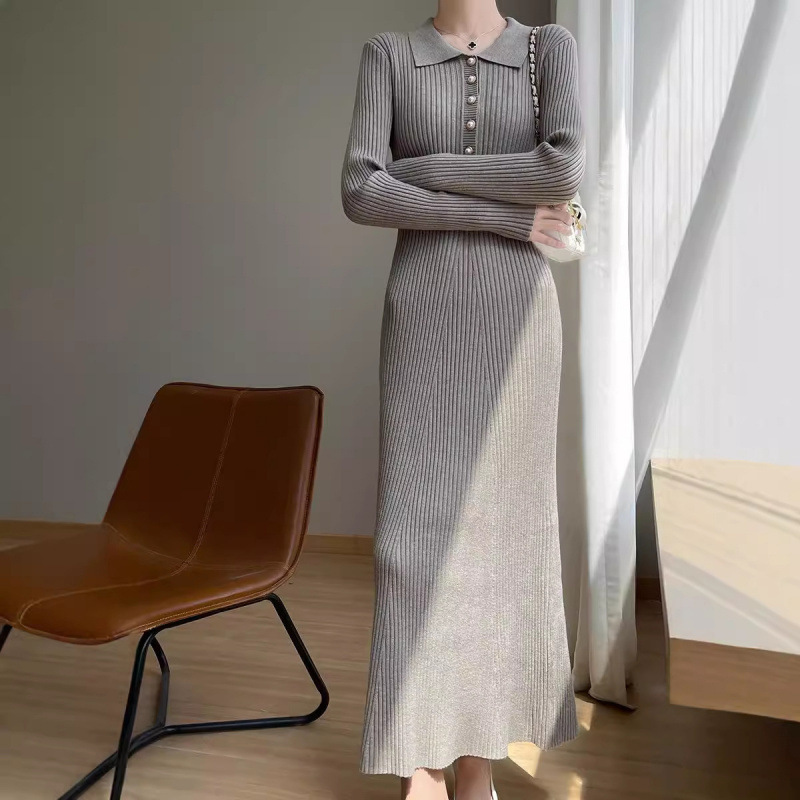 Long dress Autumn and Winter New Women's Pearl Buckle POLO Doll Collar Drawstring Slim-fit Knitted Knee-length Dress