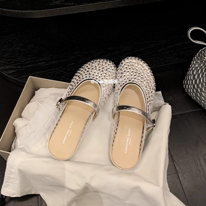 [Su Yinyin mismo párrafo] Hilo de malla streamer ~ Red de diamantes de imitación hebilla transpirable Baotou vacaciones zapatillas mujer medio arrastre verano