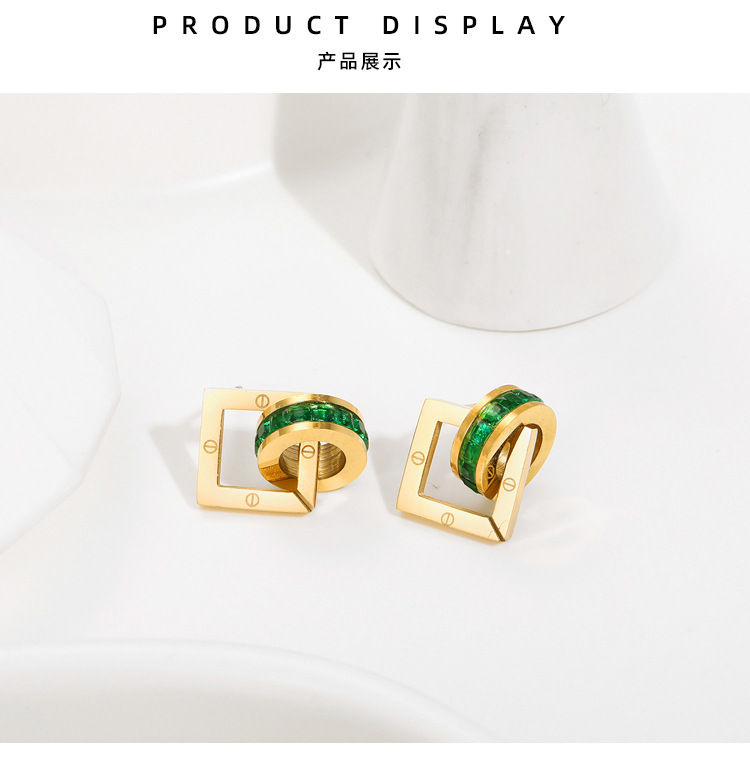 Simple Titanium Steel Hollow Square 14k Gold Plated Green Zircon Earrings display picture 4