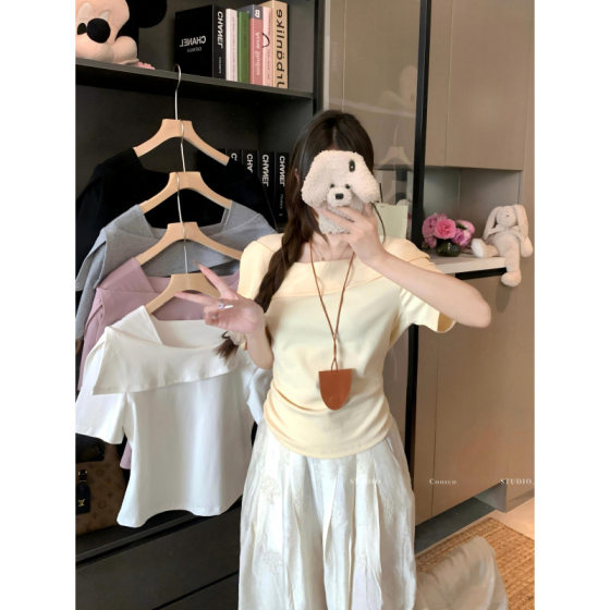 2025 summer new chubby girl plus size women pure sweet shoulder short sleeve T-shirt slim top