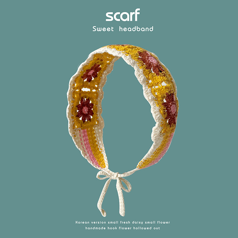 Nuevo colorido estilo étnico hecho a mano de ganchillo tejido banda de pelo de ala ancha estilo pastoral retro de las mujeres banda de pelo bolsa pañuelo sombrero