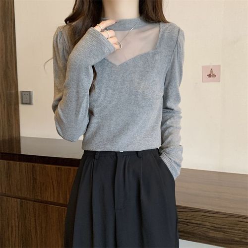 Thin mesh knit pure color women's clothing hidden belly button trick women's long sleeve t-shirt niche plus size base shirt