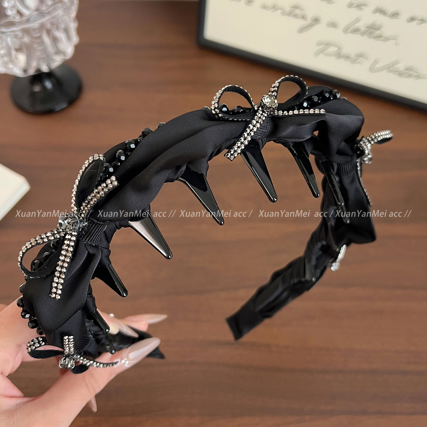 Black silk rhinestone bow