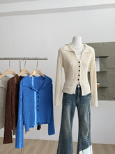 2025秋季新款韩系温柔风减龄翻领针织开衫修身显瘦百搭气质上衣女