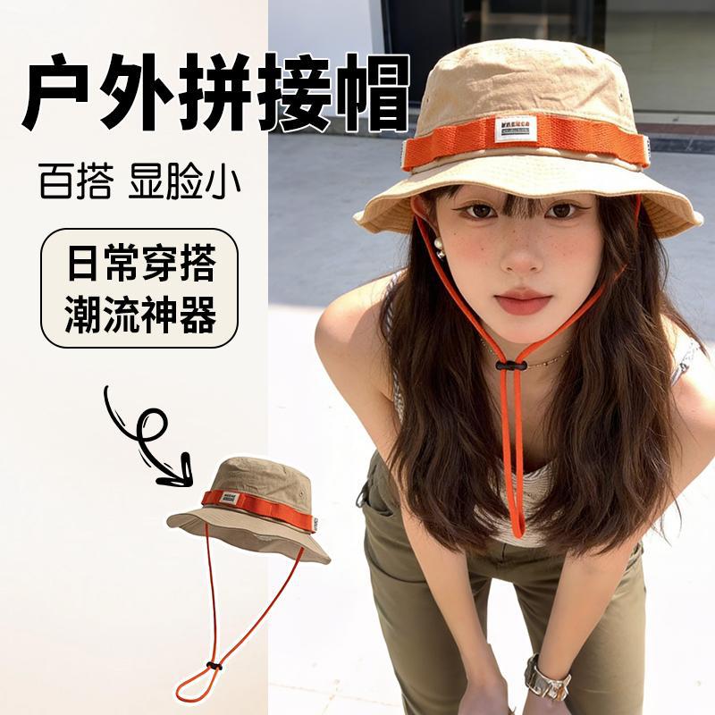 织带新款户外速干登山帽女抽绳防晒渔夫帽牛仔帽子显脸小刺绣盆帽
