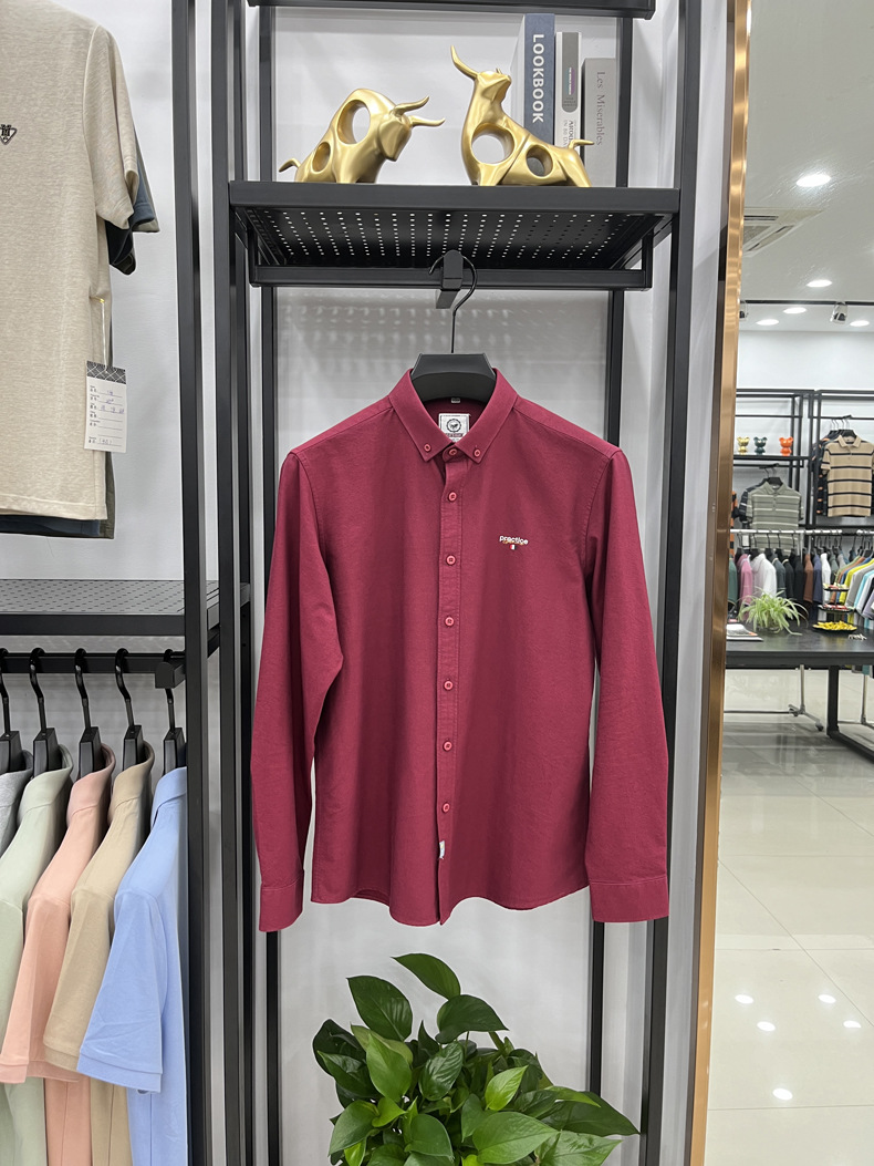 Men's Long-sleeve Embroidered Shirt Solid Colour Casual Autumn Top_voghion.com