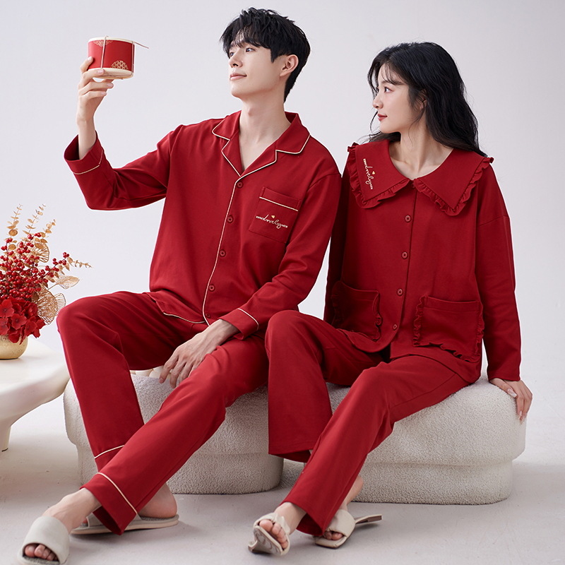 Pijamas DE BODA traje de pareja de boda de algodón puro boda rojo festivo novia dote ropa de hogar de alta gama para hombres y mujeres