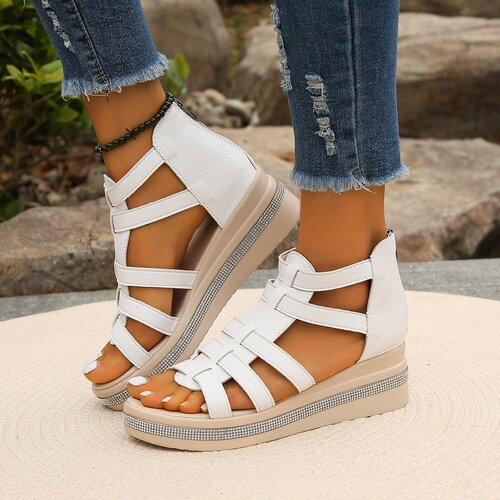 New summer sandals for women: soft leather wedge sandals with rhinestone embellishments, thick-soled Roman-style sandals—elegant, hollow-out, and fashionable for women.