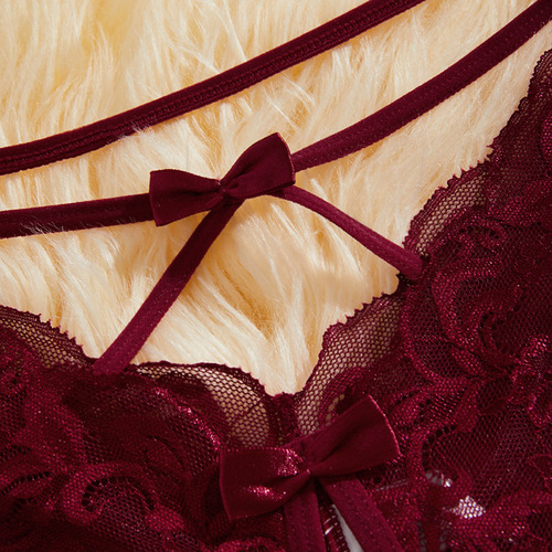 European and American foreign trade women's lace underwear sexy crotch hollow high waist thin strap bow European size mid-waist underwear for women