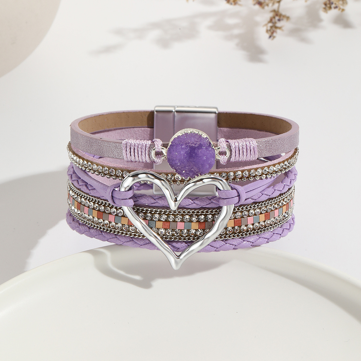 Elegant Classic Style Heart Shape Pu Leather Inlay Rhinestones Women's Bracelets display picture 3