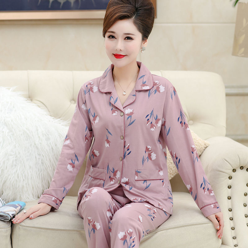 Pijamas para mujer Primavera y otoño 100% algodón de manga larga para mujer ropa de hogar para madres de mediana edad y ancianas Otoño e Invierno traje de talla grande