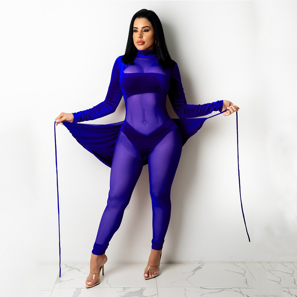 Women's fashion sexy mesh velvet splicing solid color jumpsuit_voghion.com