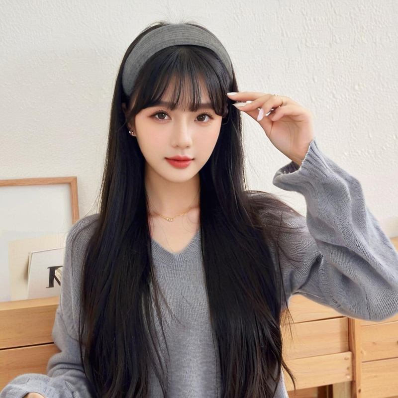 Shake shop hot knitted wide hair hoop wig integrated long straight hair half head cover net red with strength factory wholesale