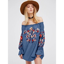 欧美新款 牛仔棉布刺绣花卉一字肩短款连衣裙实拍