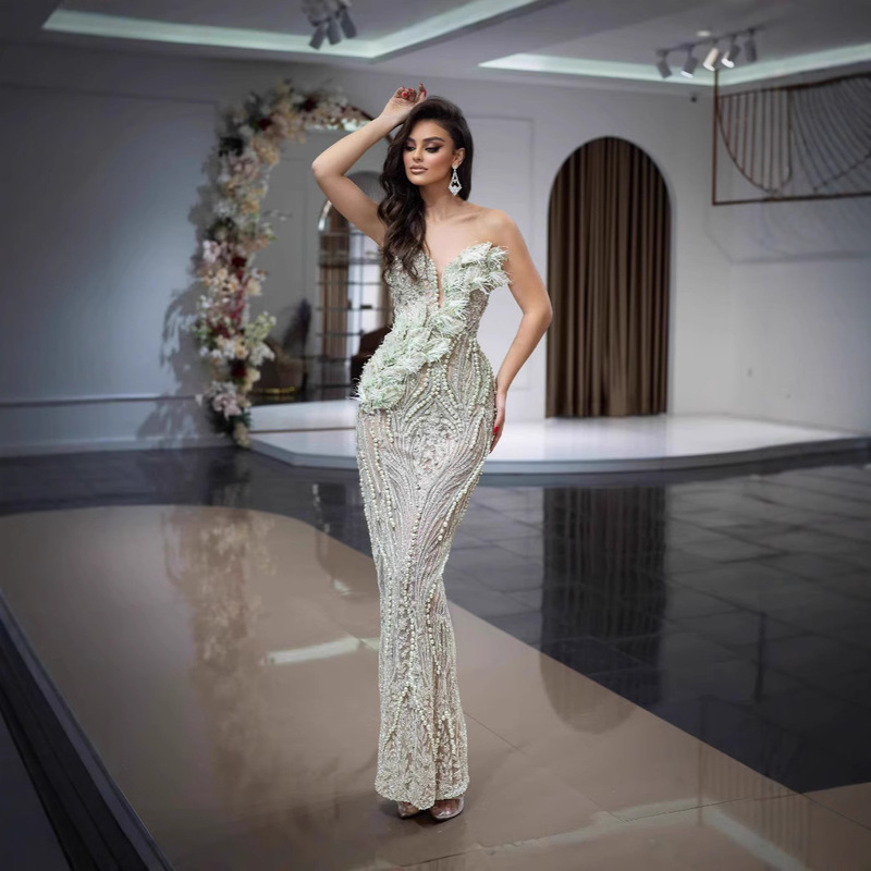 Cross-Border European and American New Style Strapless Deep V-Neck Three-Dimensional Petal Pearl Flowing Feather Bodycon Sequin Sexy Evening Dress