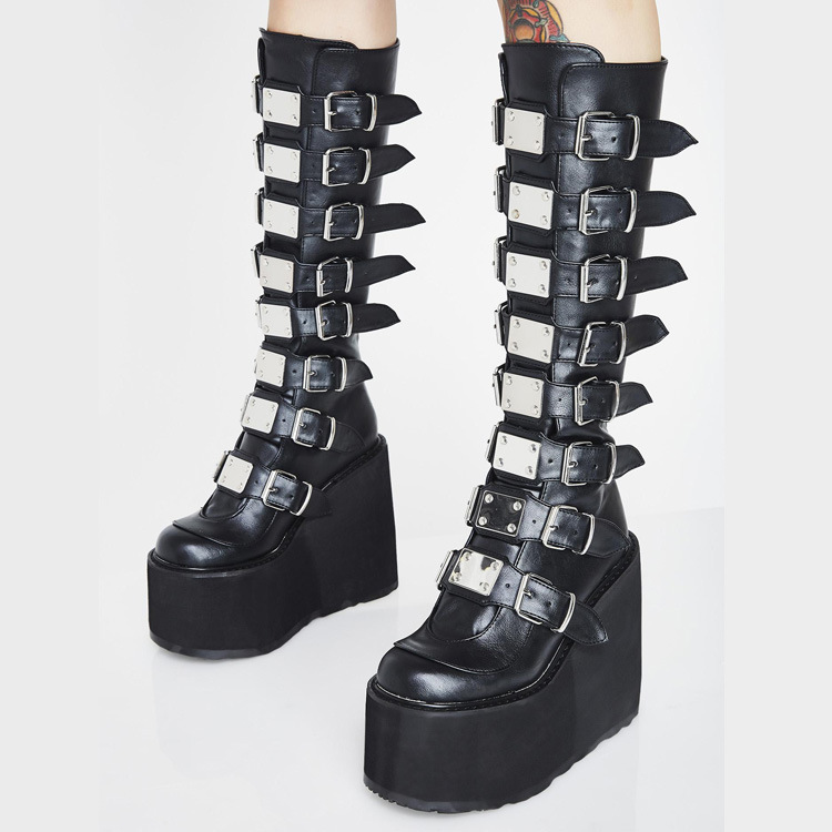 Platform Shoes Dark Punk Boots Women's Knee-High Boots with Metal Buckle JGB2021N0008011